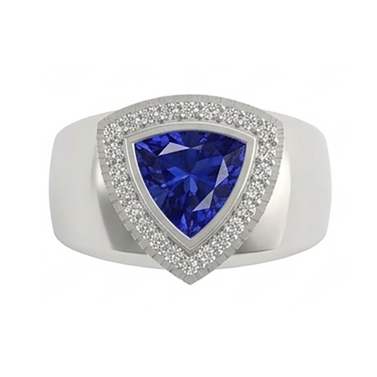 Anello da uomo con zaffiro trilione di 2.50 carati di diamanti in oro bianco 14K