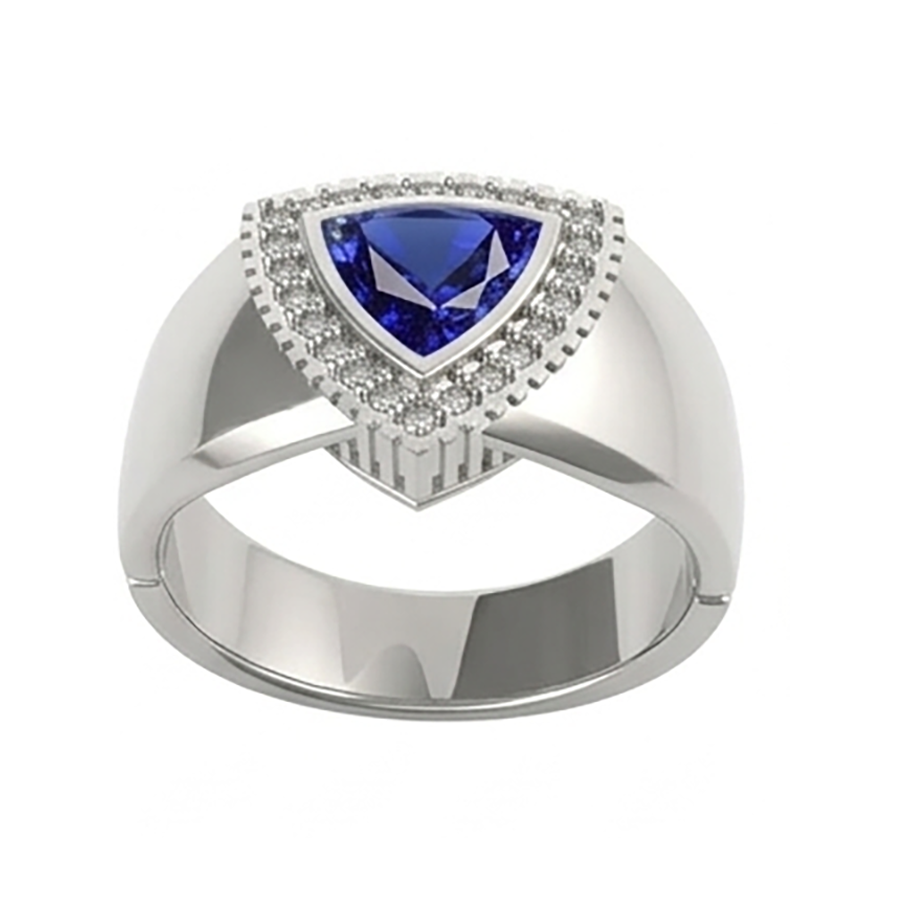 Anello da uomo con zaffiro trilione di 2.50 carati di diamanti in oro bianco 14K