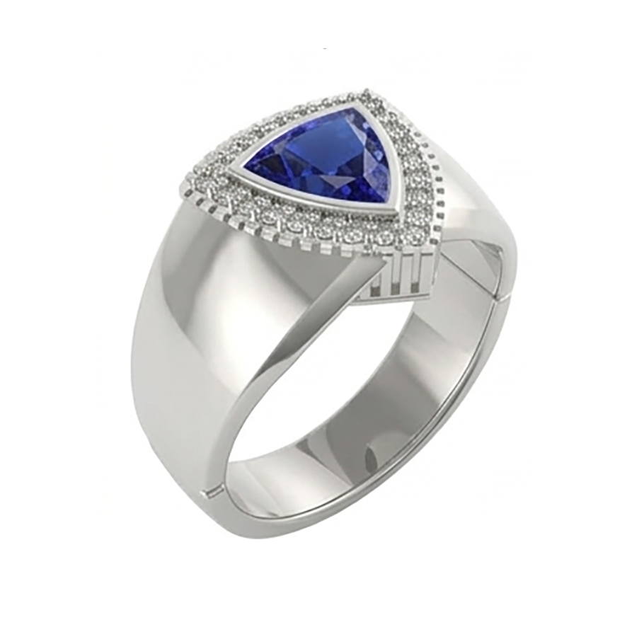 Anello da uomo con zaffiro trilione di 2.50 carati di diamanti in oro bianco 14K