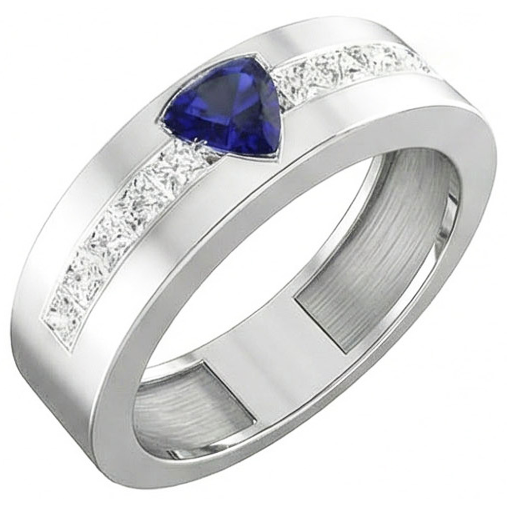 Anello da uomo in oro Trillion zaffiro 2 carati con diamanti incastonati