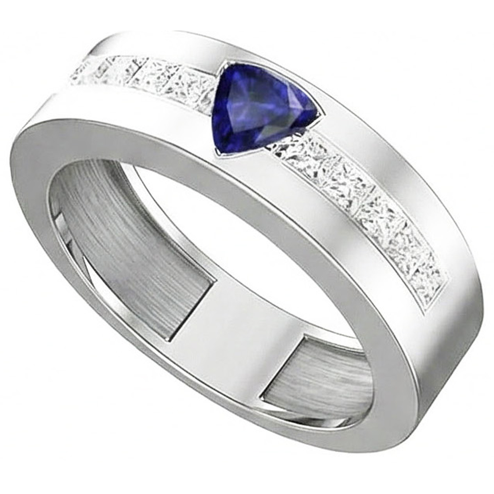 Anello da uomo in oro Trillion zaffiro 2 carati con diamanti incastonati