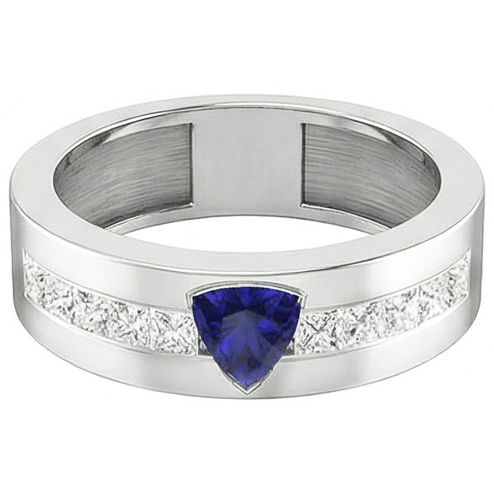 Anello da uomo in oro Trillion zaffiro 2 carati con diamanti incastonati