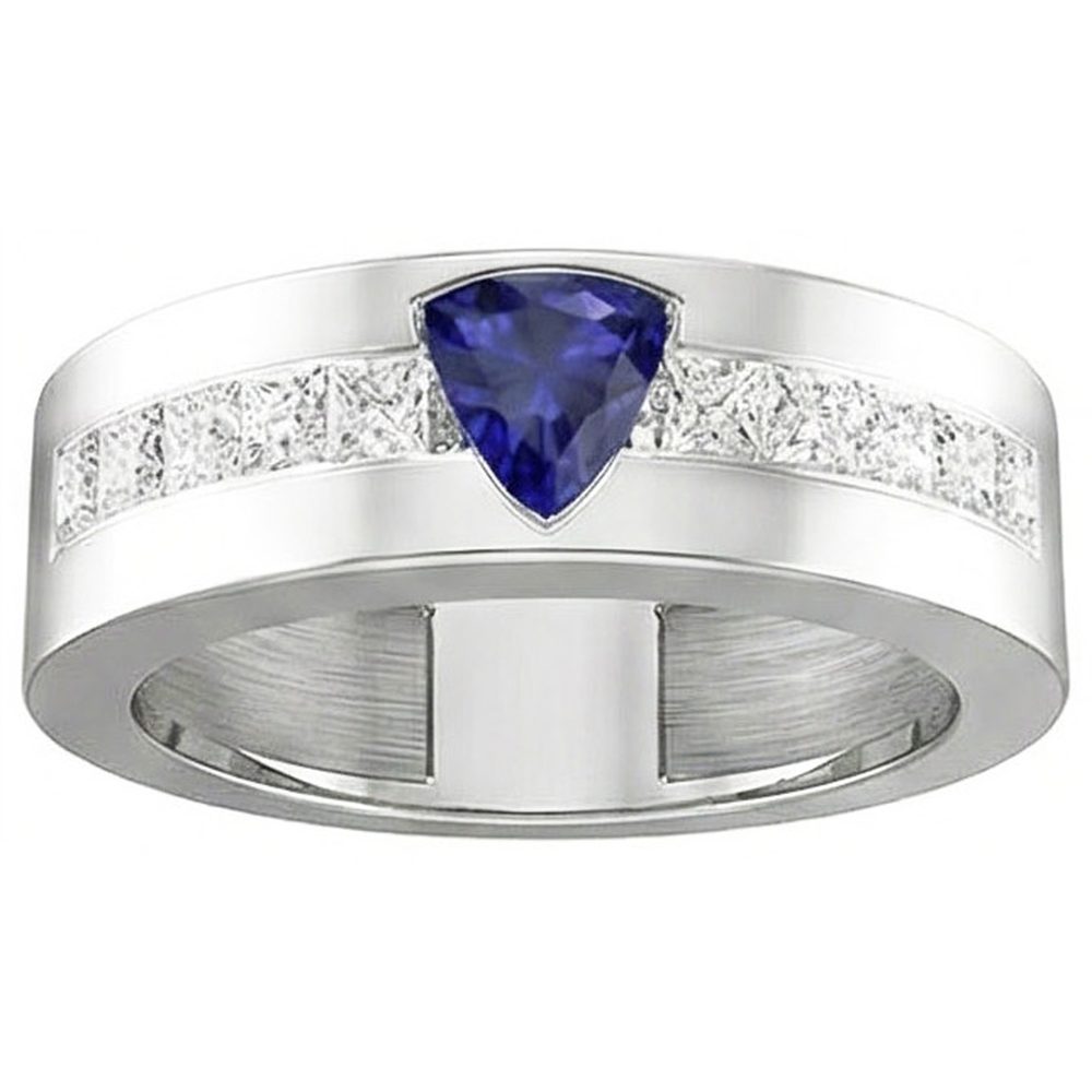 Anello da uomo in oro Trillion zaffiro 2 carati con diamanti incastonati