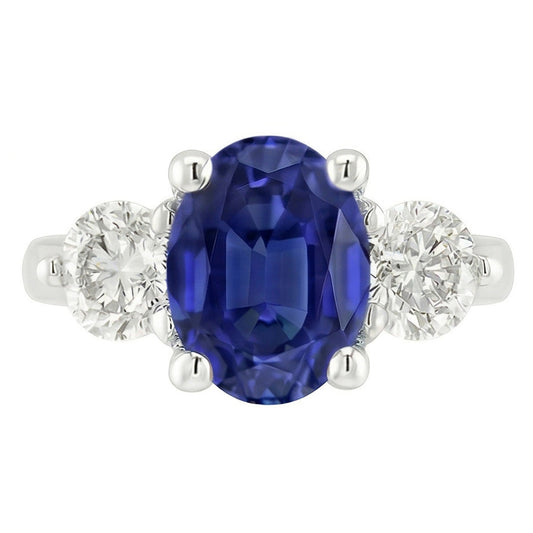 Anello dell'anniversario con tre pietre di zaffiro blu intenso da 3,50 carati