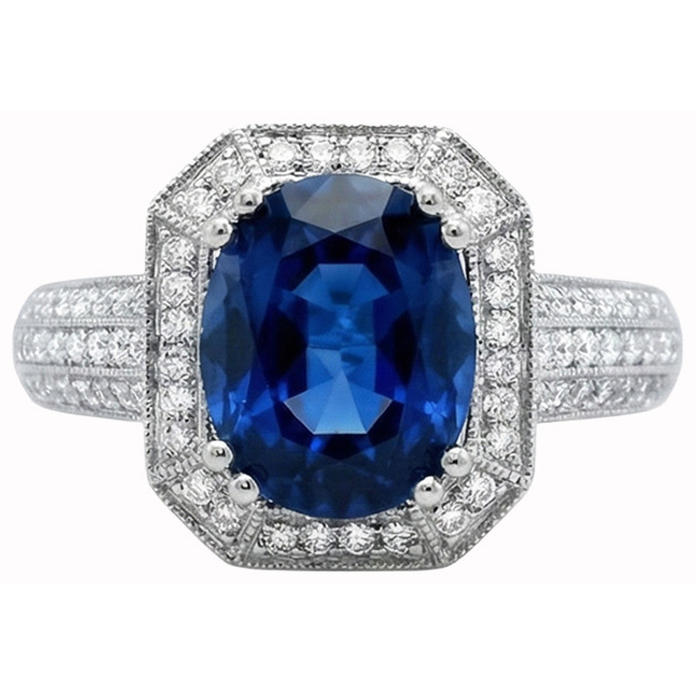 Anello di Fidanzamento con Zaffiro di Ceylon 5 carati con Diamanti Naturali Autentici ( non creati in laboratorio ) in Oro Bianco 14K