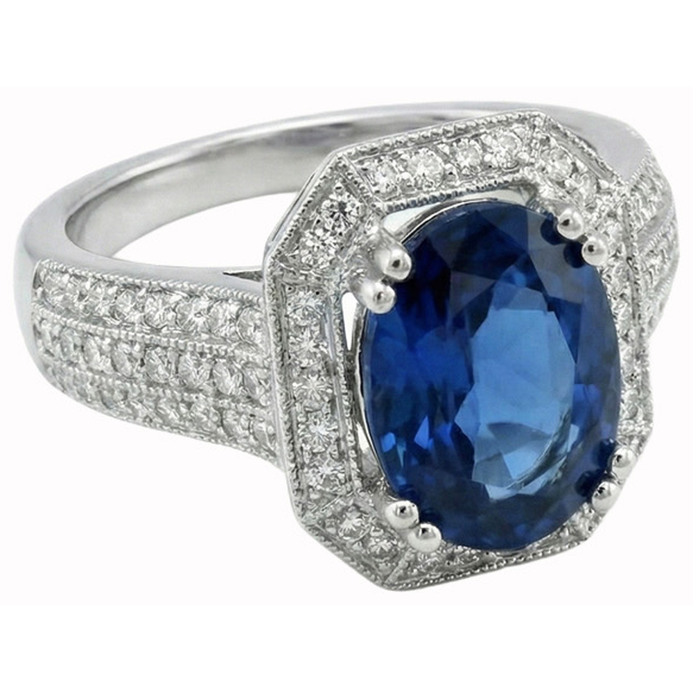 Anello di Fidanzamento con Zaffiro di Ceylon 5 carati con Diamanti Naturali Autentici ( non creati in laboratorio ) in Oro Bianco 14K