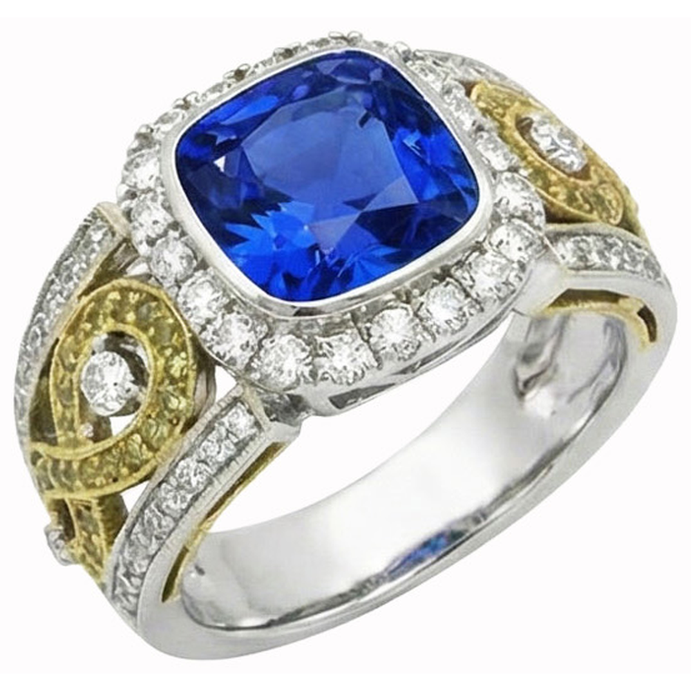 Anello di diamanti con cuscino in zaffiro blu dello Sri Lanka 3,25 carati bicolore 14K
