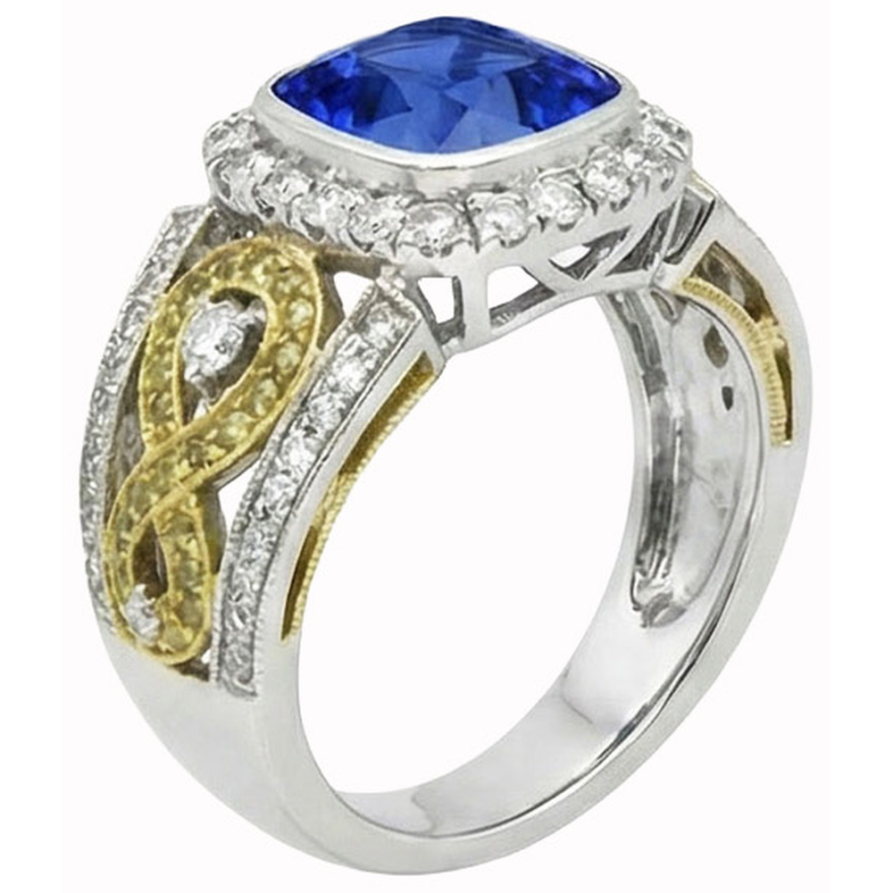 Anello di diamanti con cuscino in zaffiro blu dello Sri Lanka 3,25 carati bicolore 14K