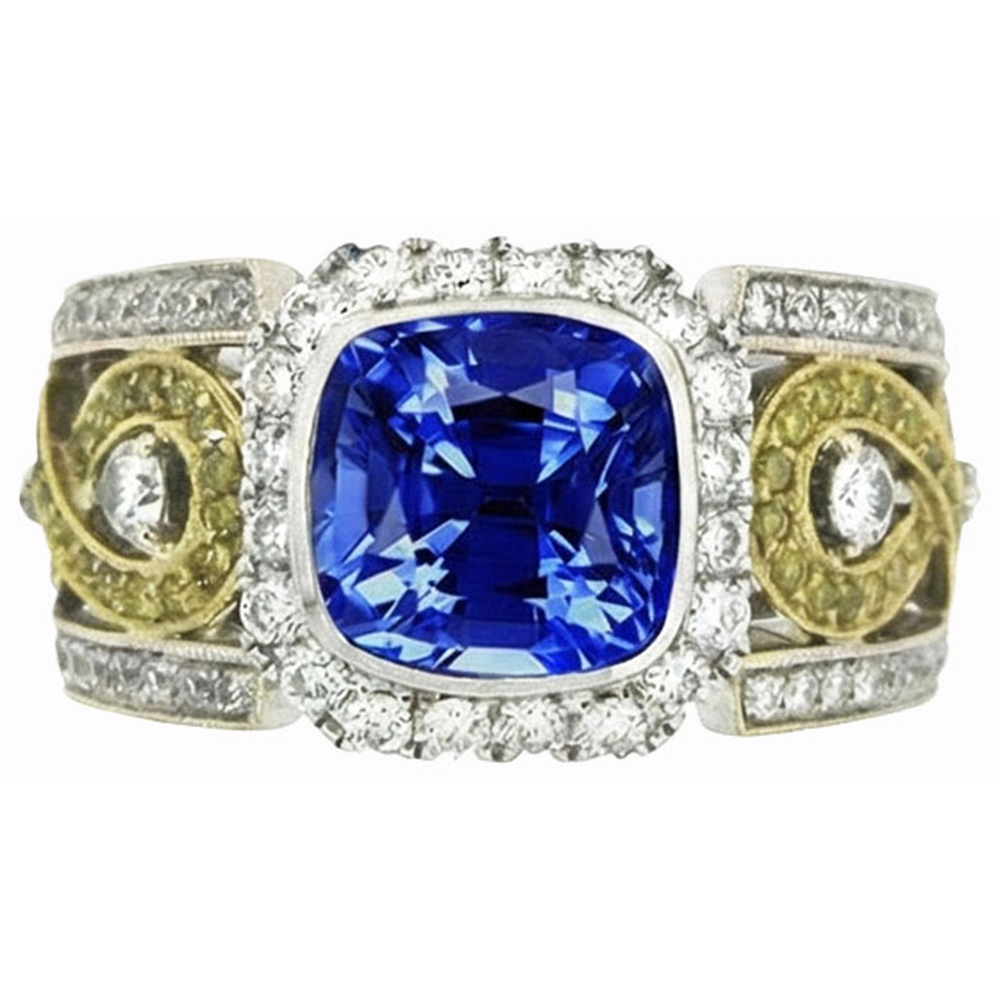 Anello di diamanti con cuscino in zaffiro blu dello Sri Lanka 3,25 carati bicolore 14K