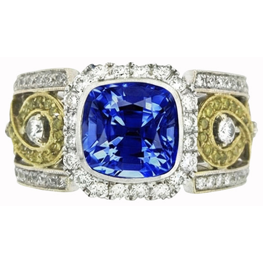 Anello di diamanti con cuscino in zaffiro blu dello Sri Lanka 3,25 carati bicolore 14K