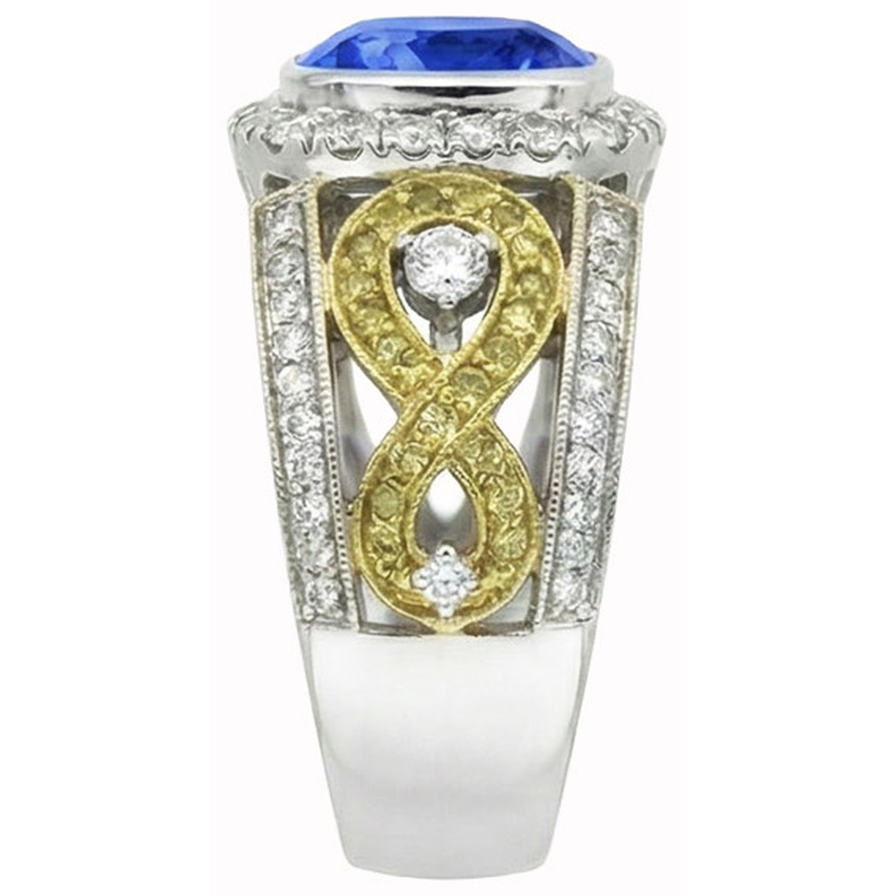 Anello di diamanti con cuscino in zaffiro blu dello Sri Lanka 3,25 carati bicolore 14K