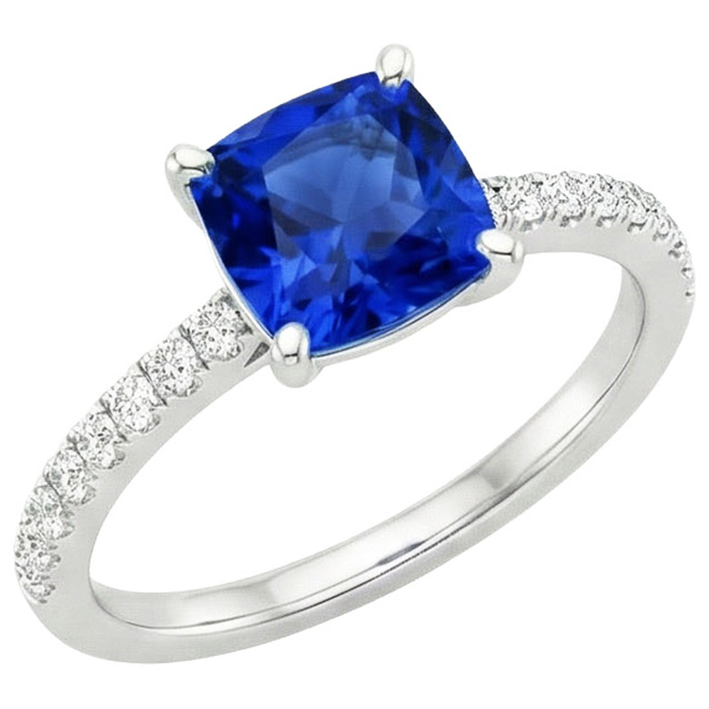Anello di diamanti con zaffiro blu cuscino con pavé di accenti 2.75 carati