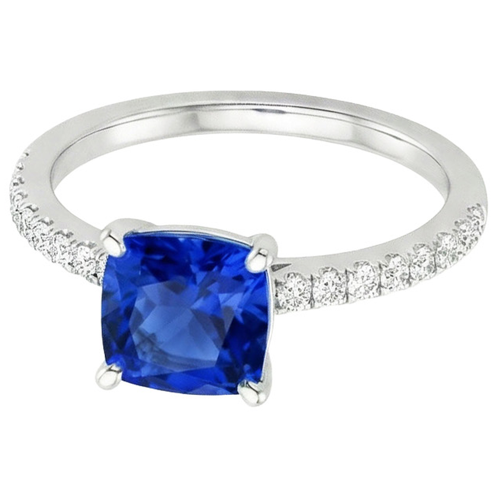 Anello di diamanti con zaffiro blu cuscino con pavé di accenti 2.75 carati
