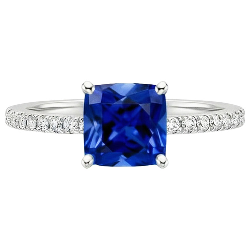 Anello di diamanti con zaffiro blu cuscino con pavé di accenti 2.75 carati