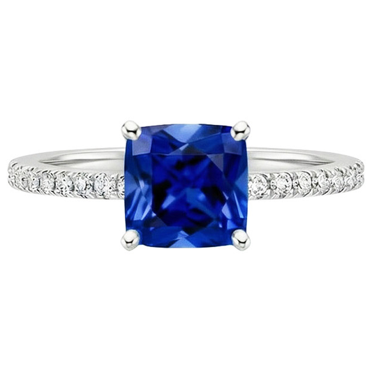 Anello di diamanti con zaffiro blu cuscino con pavé di accenti 2.75 carati