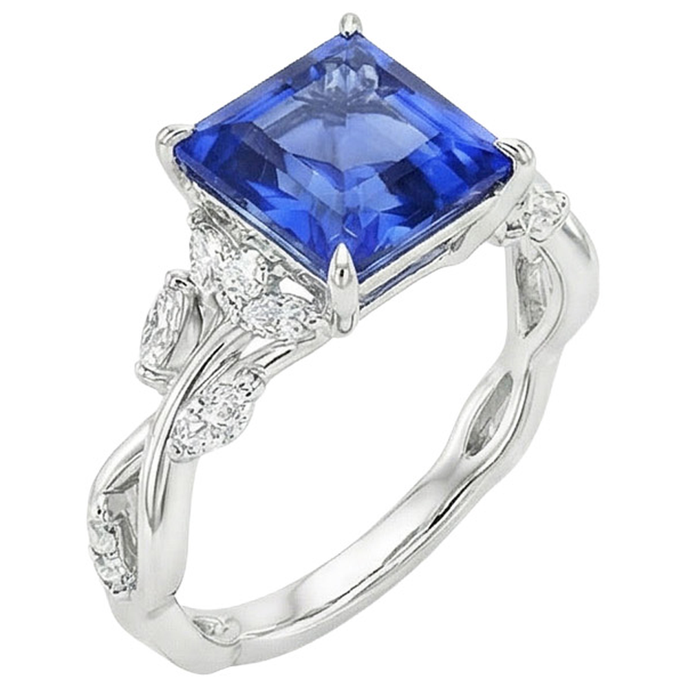 Anello di diamanti con zaffiro blu taglio principessa 6.75 carati Fancy Jewelry