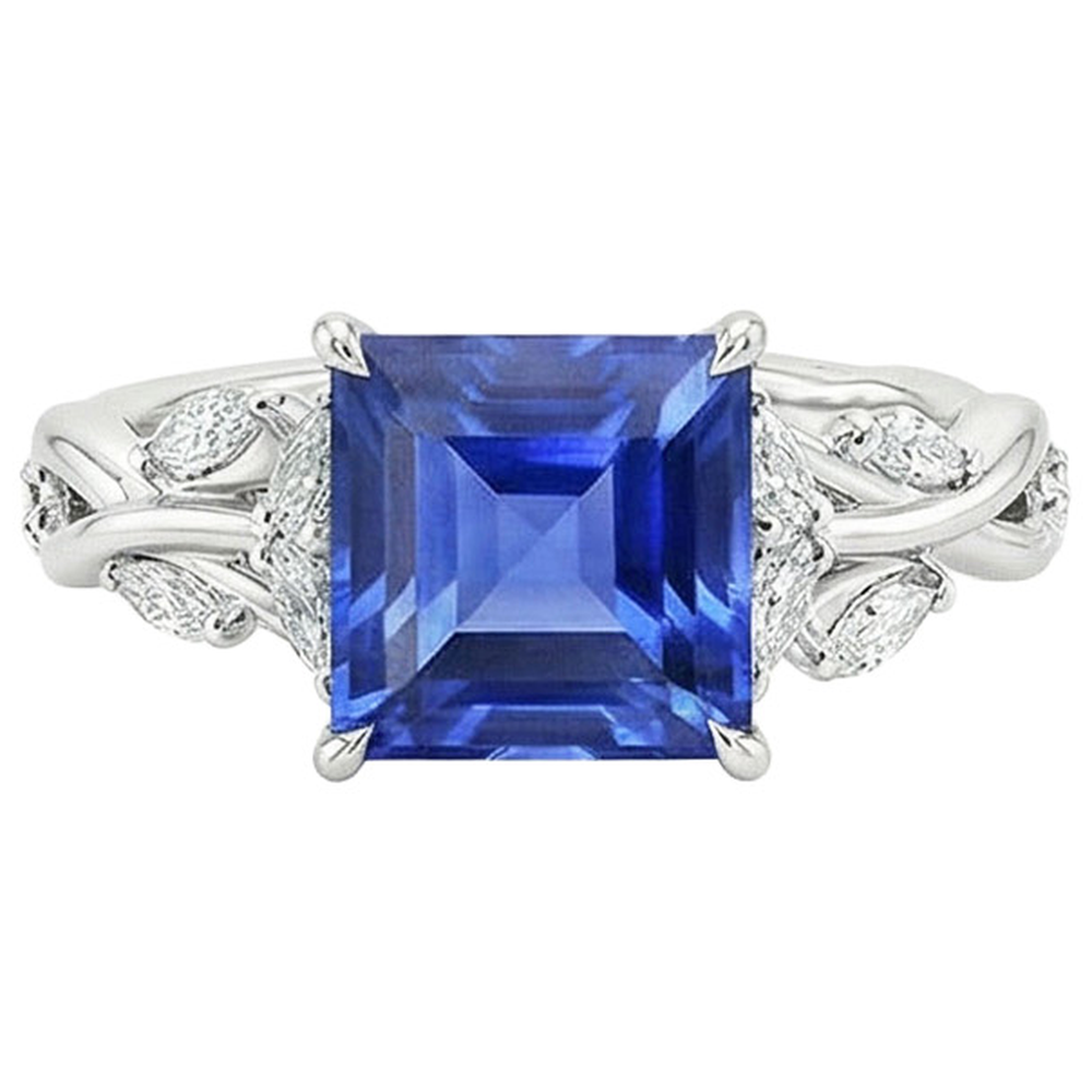 Anello di diamanti con zaffiro blu taglio principessa 6.75 carati Fancy Jewelry