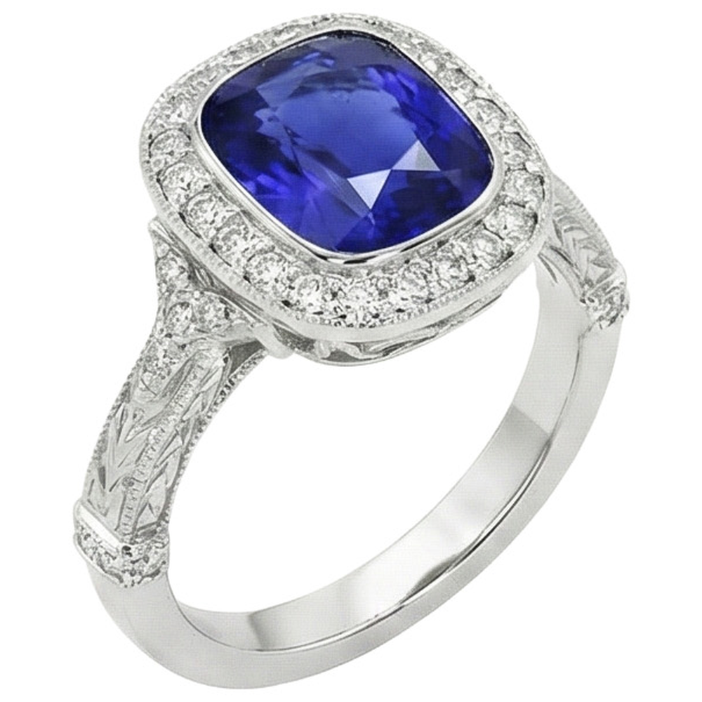 Anello di diamanti in stile antico con castone e cuscino con zaffiro di Ceylon 8 carati