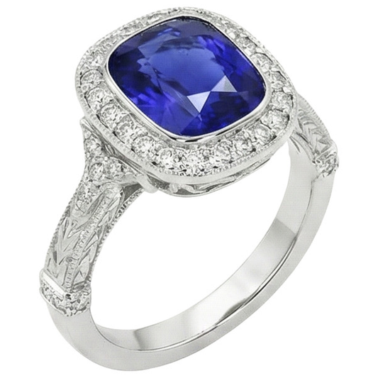 Anello di diamanti in stile antico con castone e cuscino con zaffiro di Ceylon 8 carati