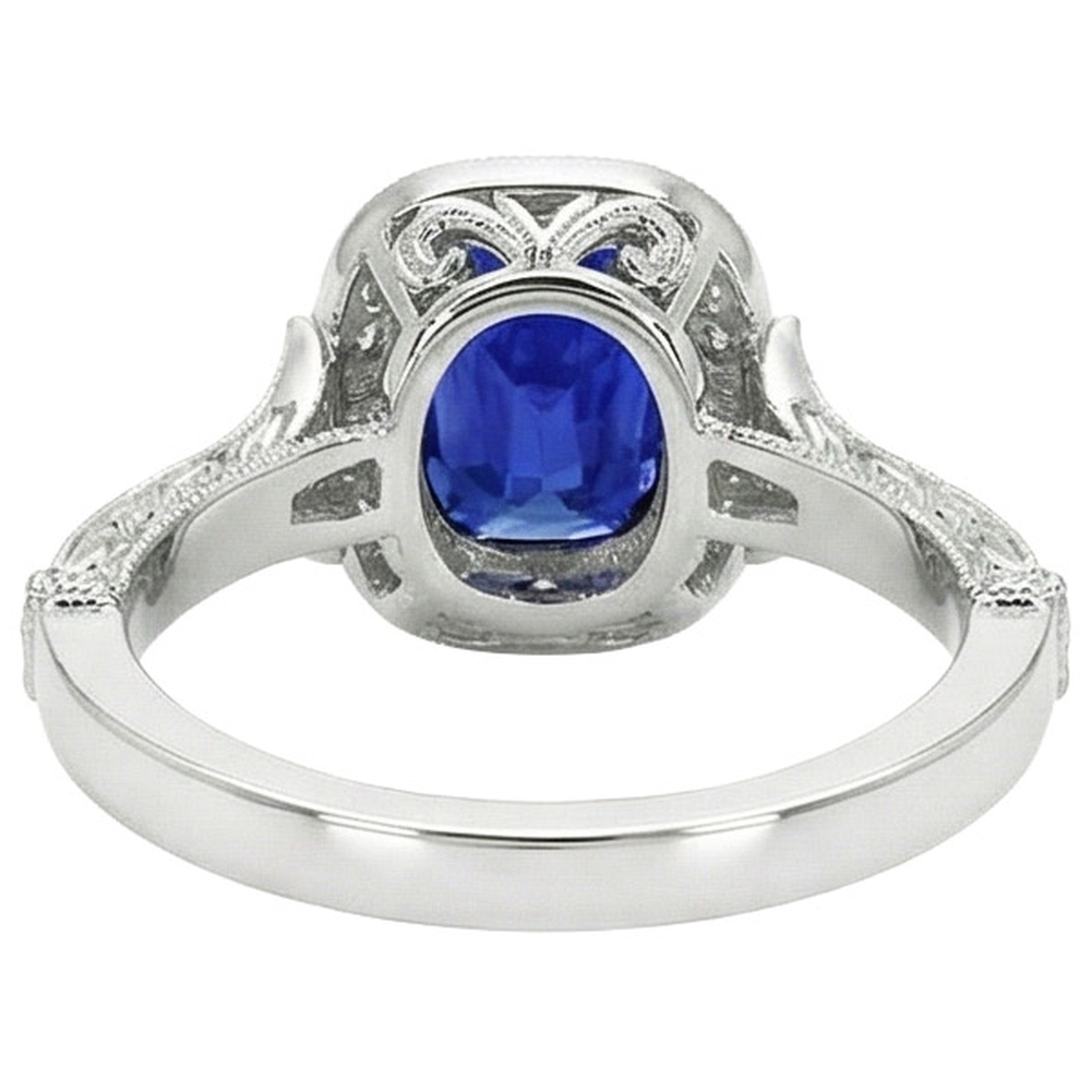 Anello di diamanti in stile antico con castone e cuscino con zaffiro di Ceylon 8 carati