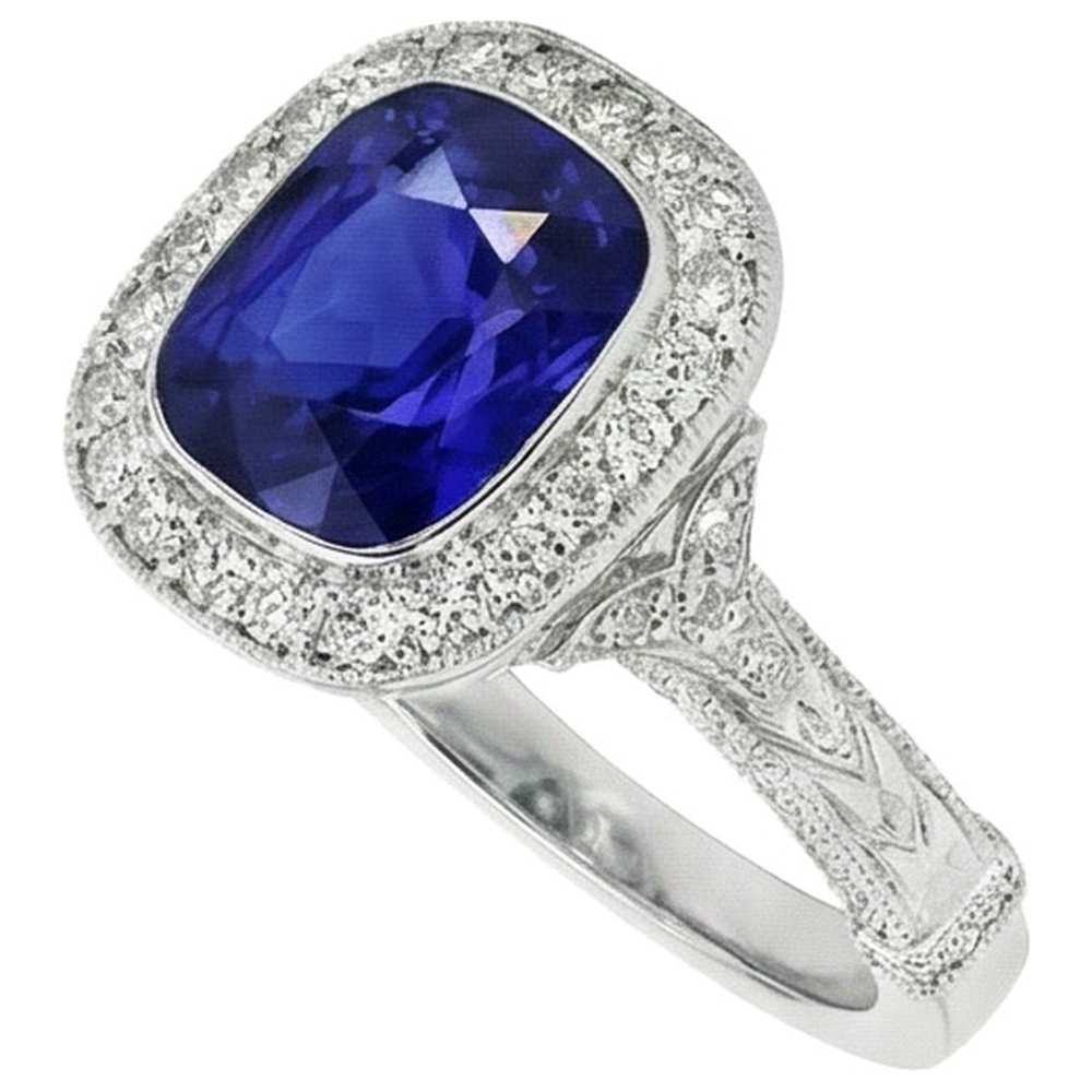 Anello di diamanti in stile antico con castone e cuscino con zaffiro di Ceylon 8 carati