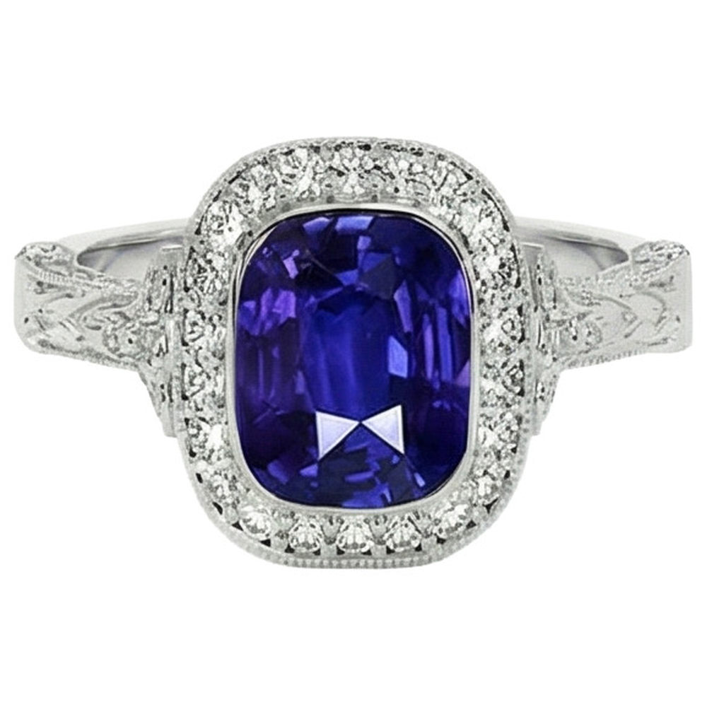 Anello di diamanti in stile antico con castone e cuscino con zaffiro di Ceylon 8 carati