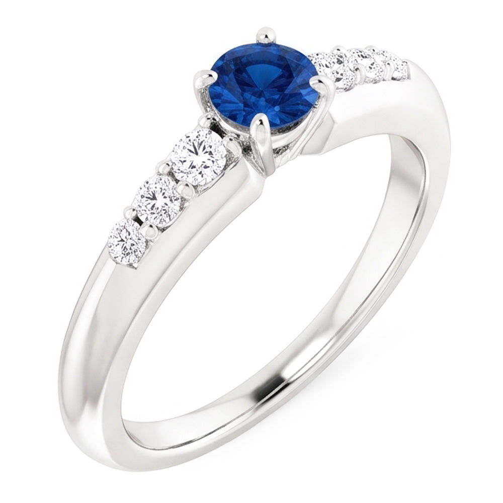 Anello di diamanti tondi a quattro punte da 1,50 carati con zaffiro blu e oro bianco 14K
