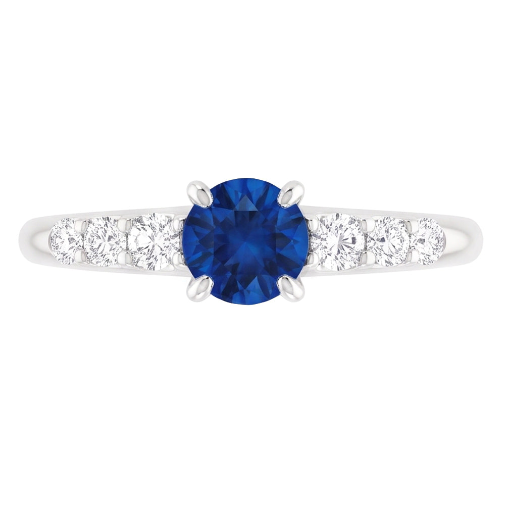 Anello di diamanti tondi a quattro punte da 1,50 carati con zaffiro blu e oro bianco 14K