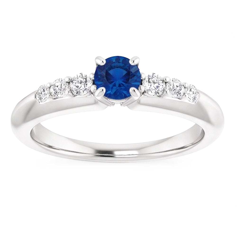 Anello di diamanti tondi a quattro punte da 1,50 carati con zaffiro blu e oro bianco 14K