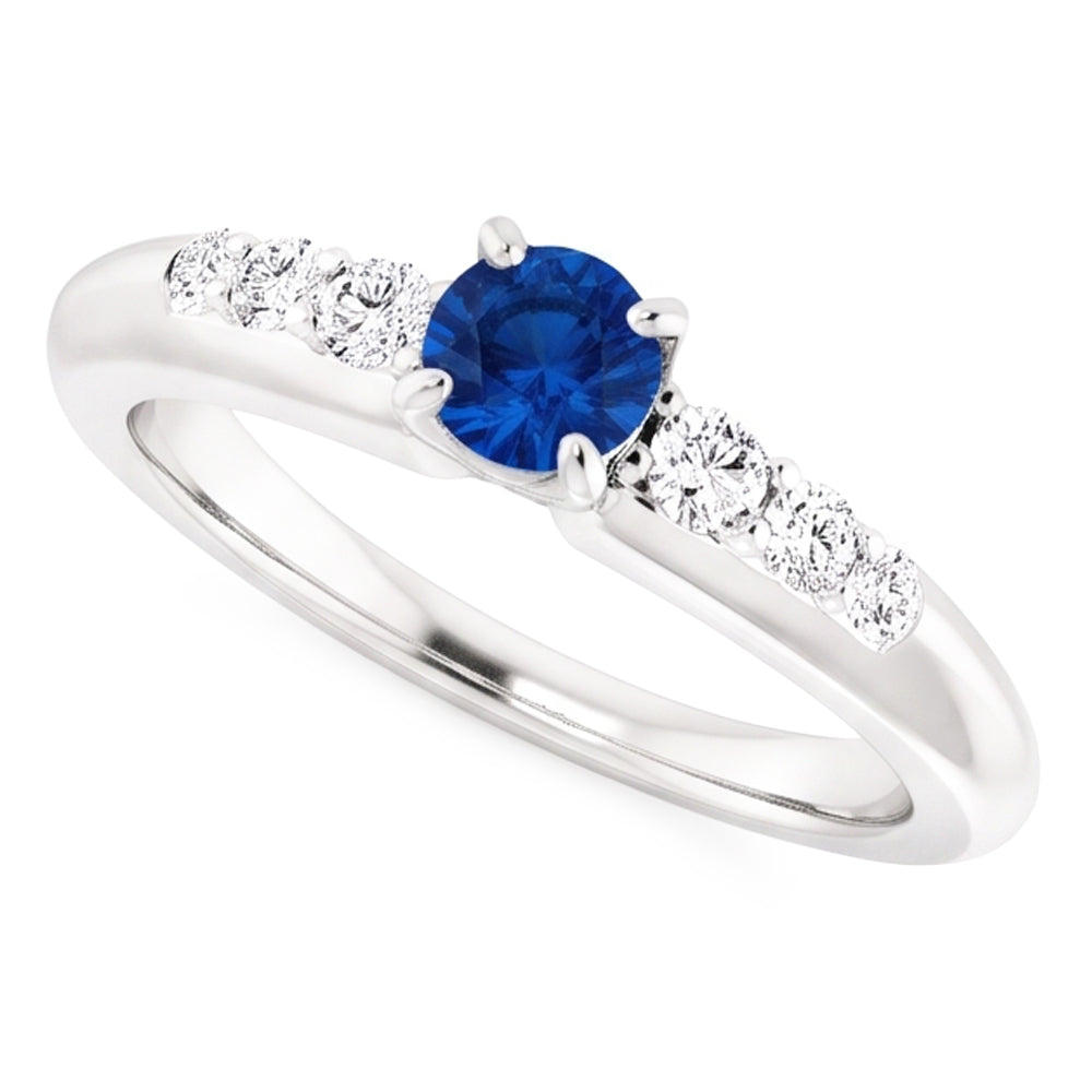 Anello di diamanti tondi a quattro punte da 1,50 carati con zaffiro blu e oro bianco 14K