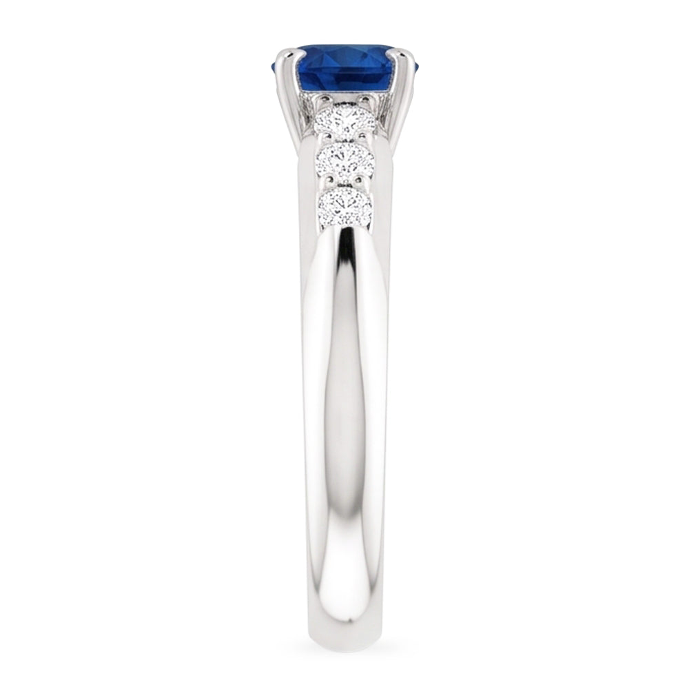 Anello di diamanti tondi a quattro punte da 1,50 carati con zaffiro blu e oro bianco 14K