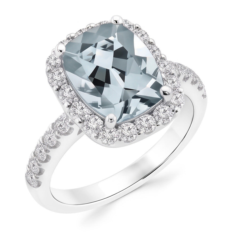 Anello di fidanzamento 11.25 ct con acquamarina e diamanti in oro bianco 14K