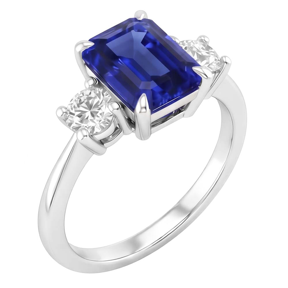 Anello di fidanzamento 3 pietre con zaffiro blu radiante e diamante 3.50 carati