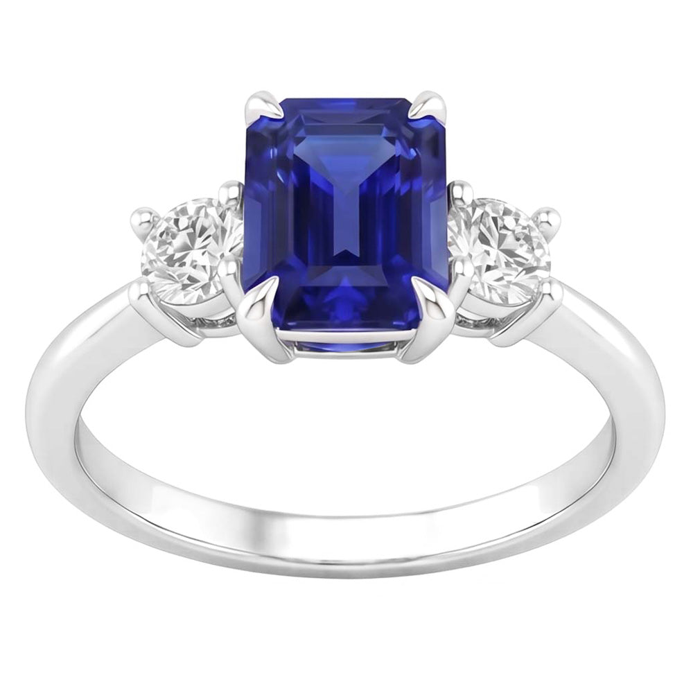 Anello di fidanzamento 3 pietre con zaffiro blu radiante e diamante 3.50 carati