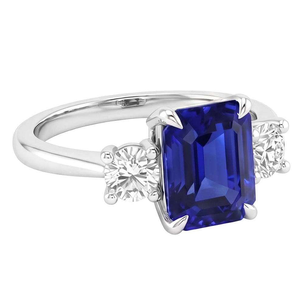 Anello di fidanzamento 3 pietre con zaffiro blu radiante e diamante 3.50 carati