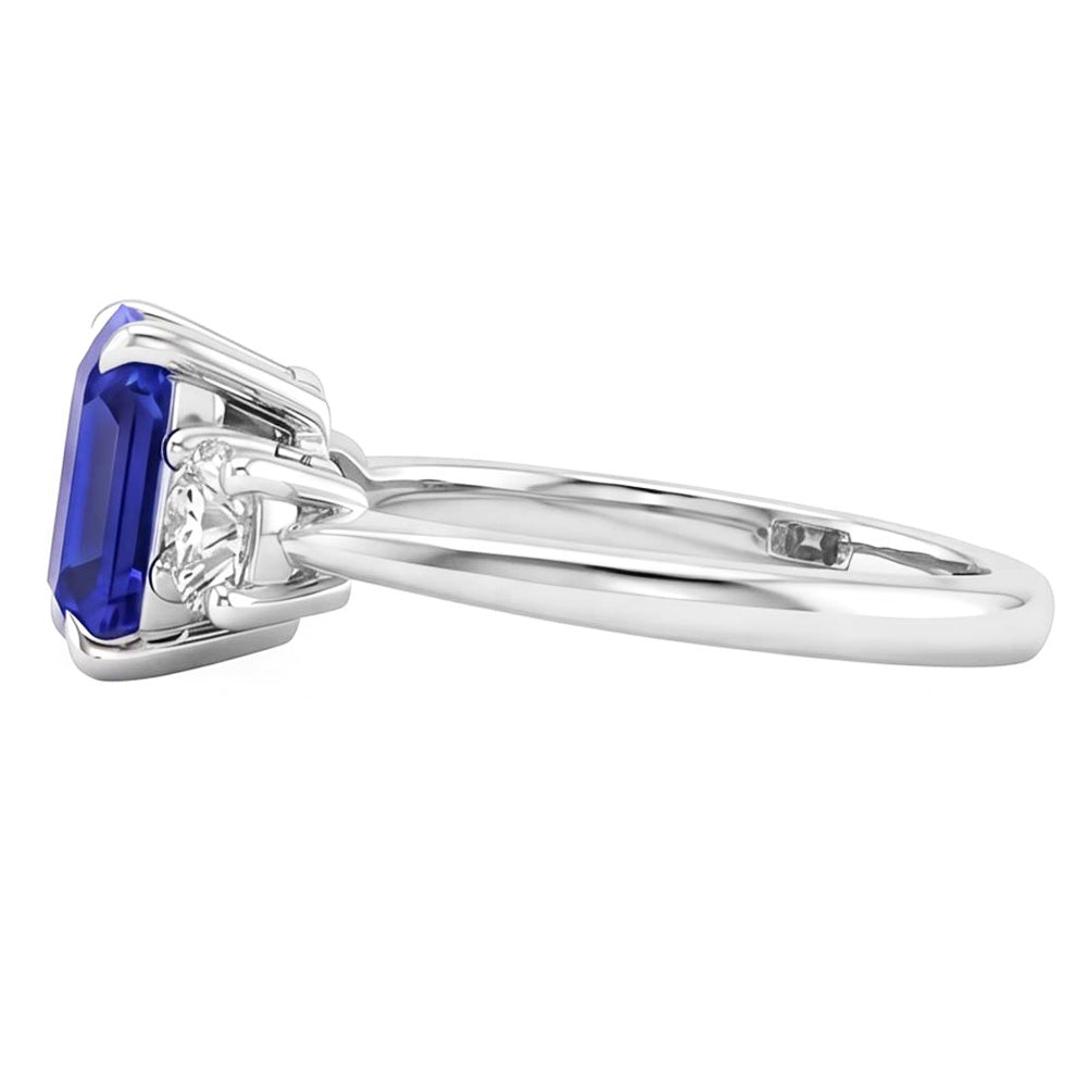 Anello di fidanzamento 3 pietre con zaffiro blu radiante e diamante 3.50 carati