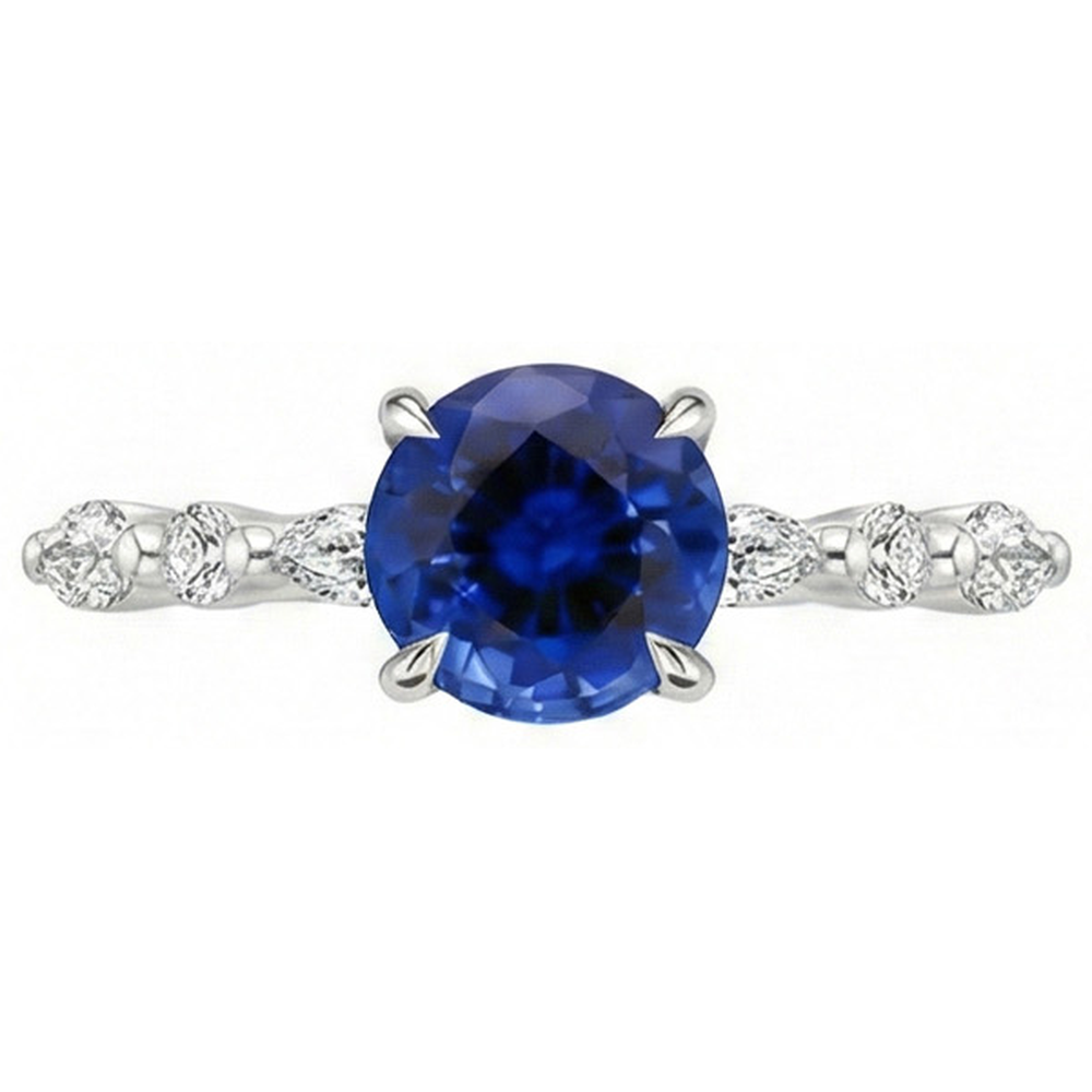 Anello di fidanzamento 4 carati con zaffiro di Ceylon rotondo e oro marquise di diamanti