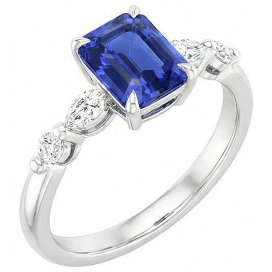 Anello di fidanzamento 5 pietre Zaffiro Ceylon radiante e diamante 4 carati