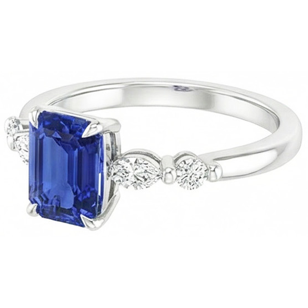 Anello di fidanzamento 5 pietre Zaffiro Ceylon radiante e diamante 4 carati