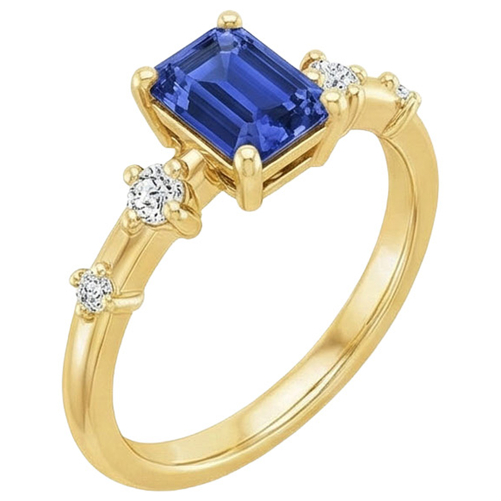 Anello di fidanzamento 5 pietre zaffiro blu smeraldo e diamante 3.50 carati