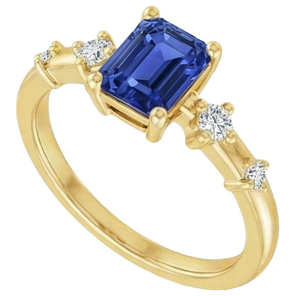 Anello di fidanzamento 5 pietre zaffiro blu smeraldo e diamante 3.50 carati