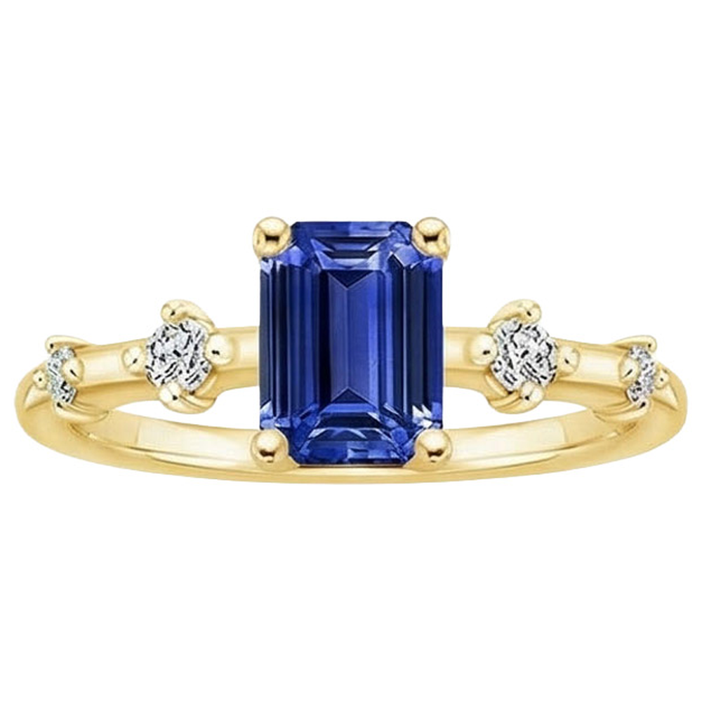 Anello di fidanzamento 5 pietre zaffiro blu smeraldo e diamante 3.50 carati