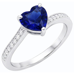 Anello di fidanzamento Cuore 2 carati Diamante Naturale Autentico ( non creato in laboratorio ) Ceylon zaffiro con stelo Milgrain in oro bianco 14K