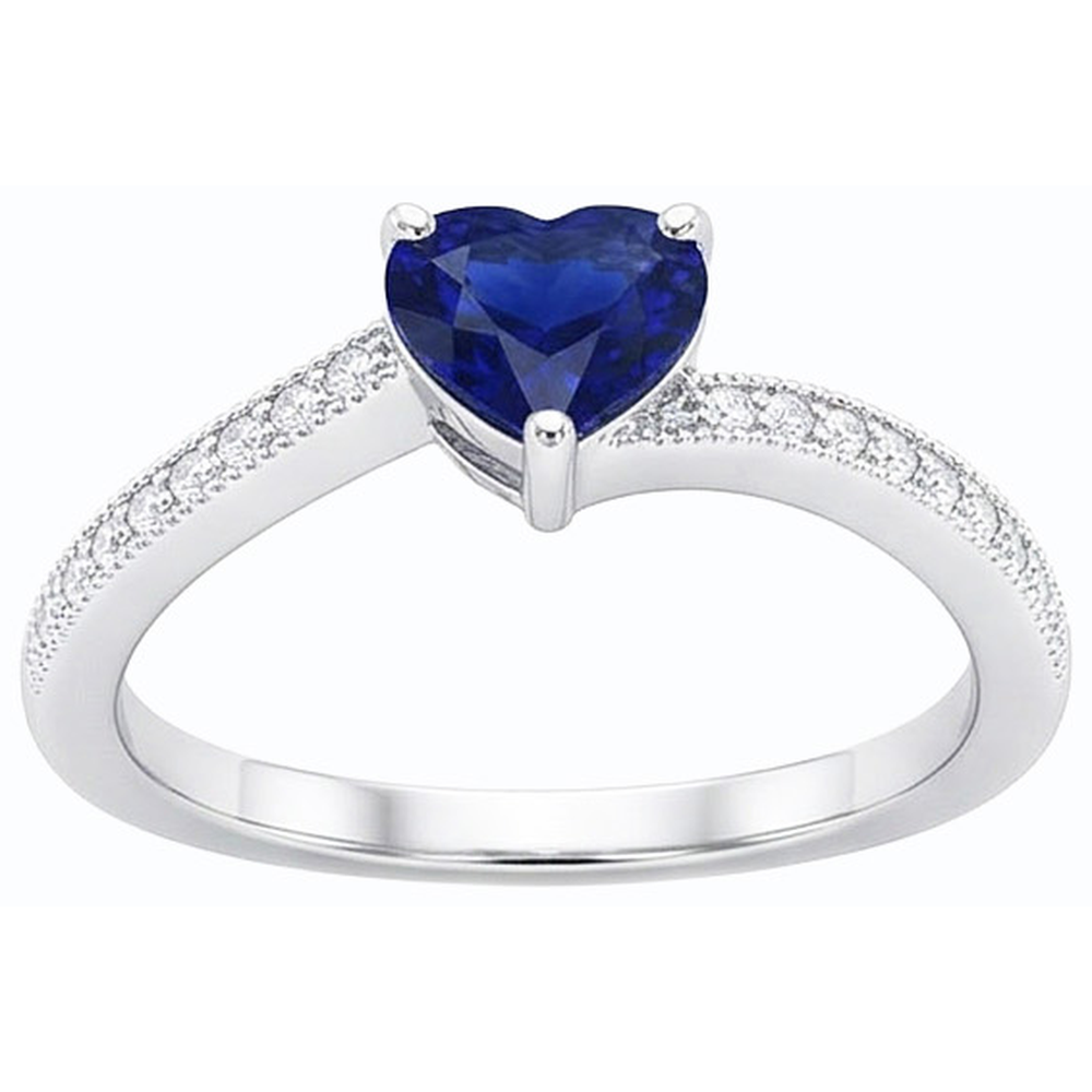Anello di fidanzamento Cuore 2 carati Diamante Naturale Autentico ( non creato in laboratorio ) Ceylon zaffiro con stelo Milgrain in oro bianco 14K