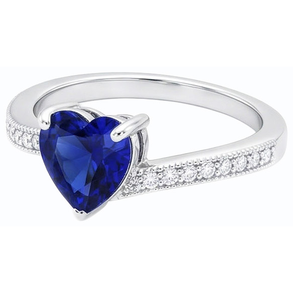 Anello di fidanzamento Cuore 2 carati Diamante Naturale Autentico ( non creato in laboratorio ) Ceylon zaffiro con stelo Milgrain in oro bianco 14K