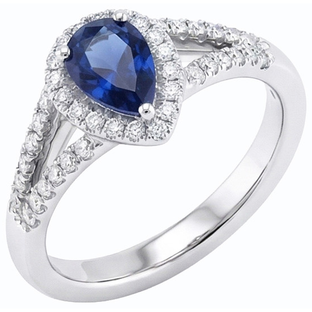 Anello di fidanzamento Halo 3.50 carati Blue Sapphire Diamanti Naturali Autentici ( non creati in laboratorio ) con gambo diviso in oro bianco 14K