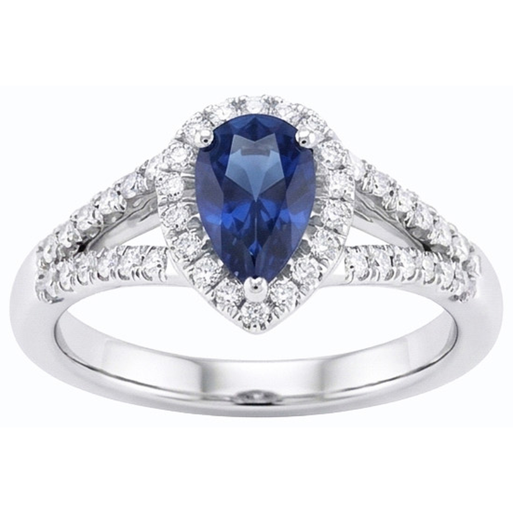 Anello di fidanzamento Halo 3.50 carati Blue Sapphire Diamanti Naturali Autentici ( non creati in laboratorio ) con gambo diviso in oro bianco 14K