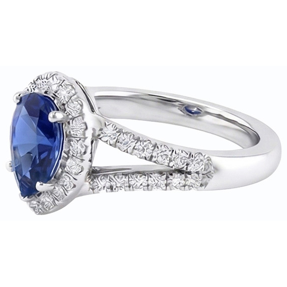 Anello di fidanzamento Halo 3.50 carati Blue Sapphire Diamanti Naturali Autentici ( non creati in laboratorio ) con gambo diviso in oro bianco 14K