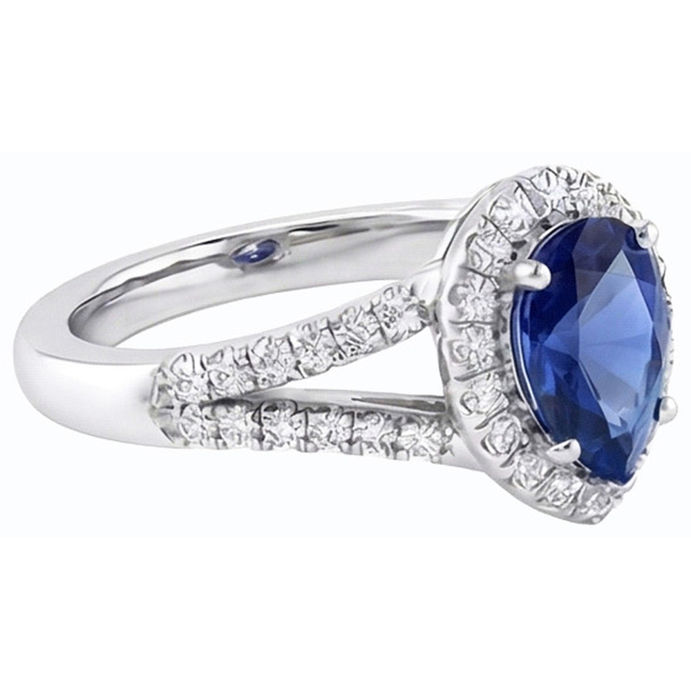 Anello di fidanzamento Halo 3.50 carati Blue Sapphire Diamanti Naturali Autentici ( non creati in laboratorio ) con gambo diviso in oro bianco 14K