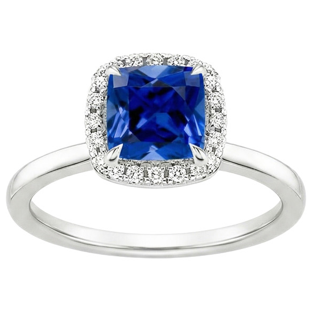 Anello di fidanzamento Halo con zaffiro blu da 2,75 carati e diamante incastonato in oro